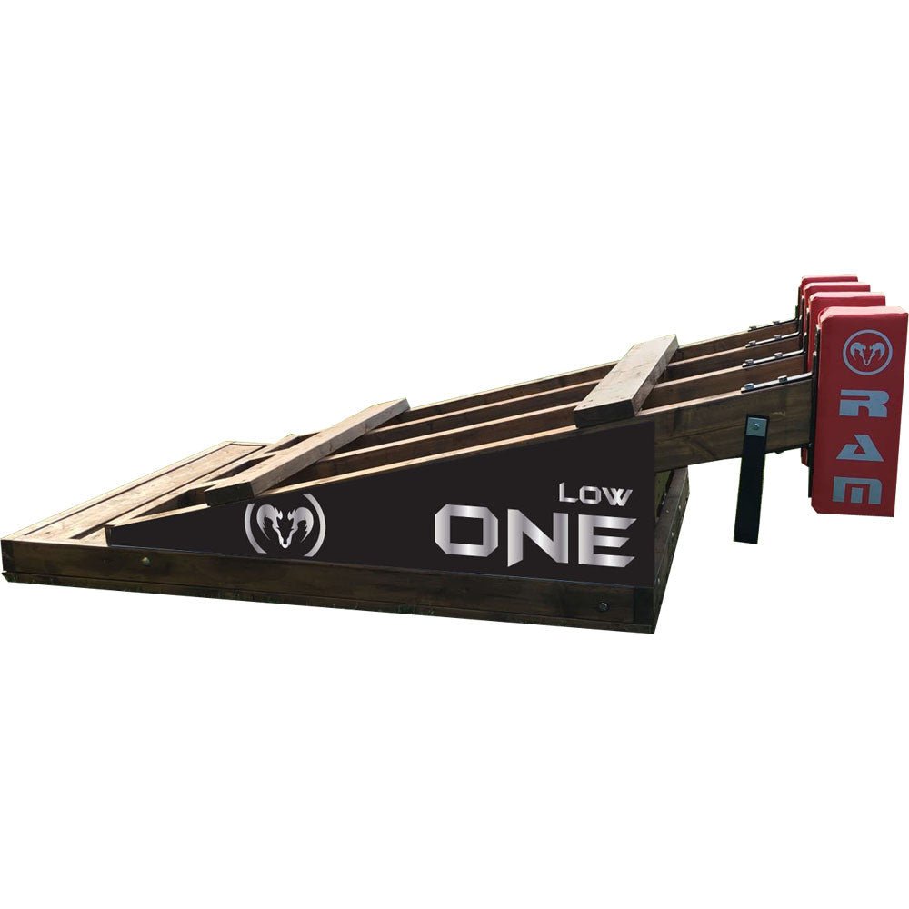 RAM Rugby Scrum Machine with durable frame, thick pads, and wheels designed for stable, safe rugby scrum training.