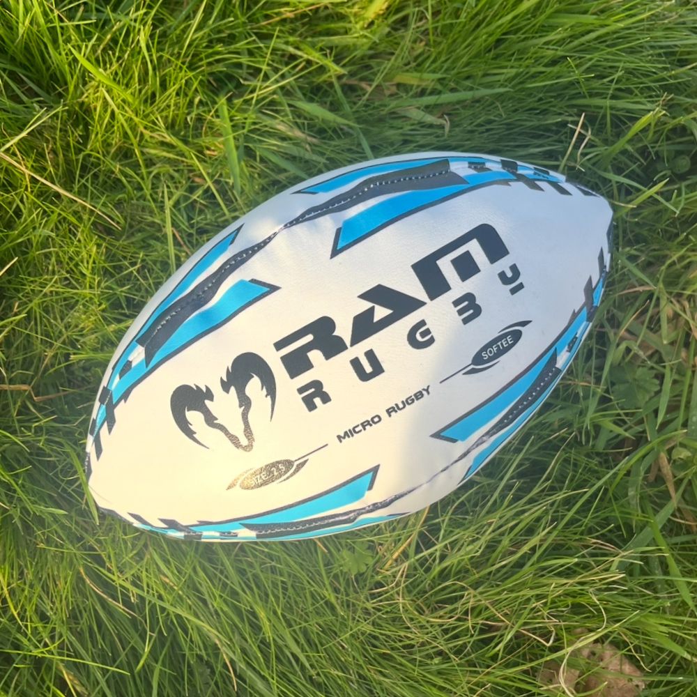 Ram Rugby Micro Softee Size 2.5 kids training rugby ball in bright colors, soft cotton-filled, lightweight for ages 4-6 years