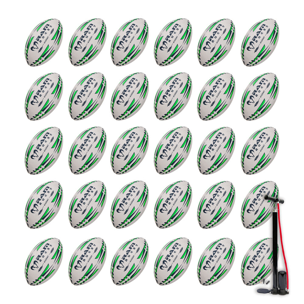 Thirty Ram Rugby Academy Trainer rugby balls in bright yellow stacked neatly next to two black breathable storage bags for training.