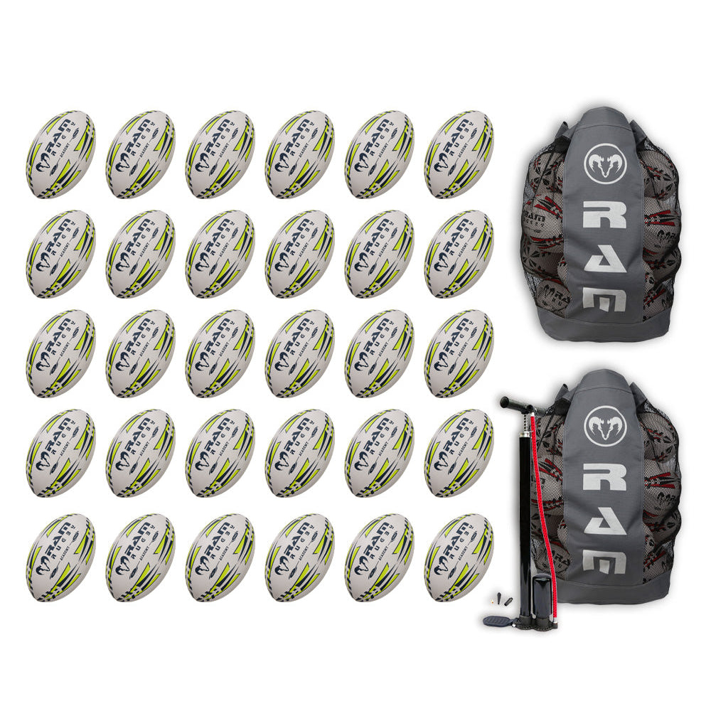 Ram Rugby Academy Trainer Ball Bundle showing 30 red and white training rugby balls with breathable storage bags for youth practice