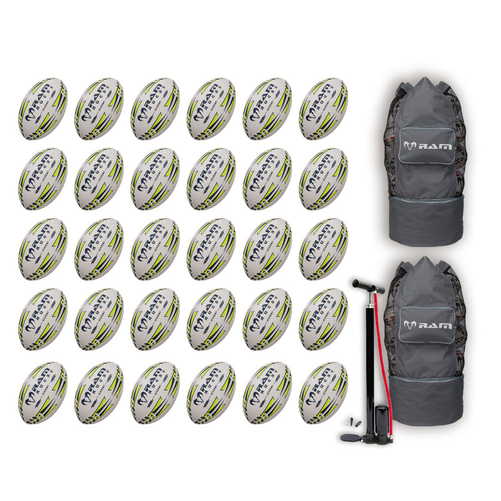 Ram Rugby Academy 30 Pack Trainer Balls in bright yellow with black branding, paired with two breathable storage bags for easy transport