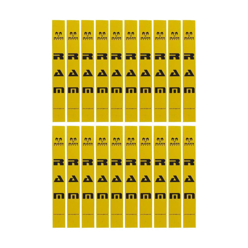Ram Rugby 20-pack durable PVC tag rugby tags in red, blue, and yellow, each measuring 16 by 2 inches for gameplay.