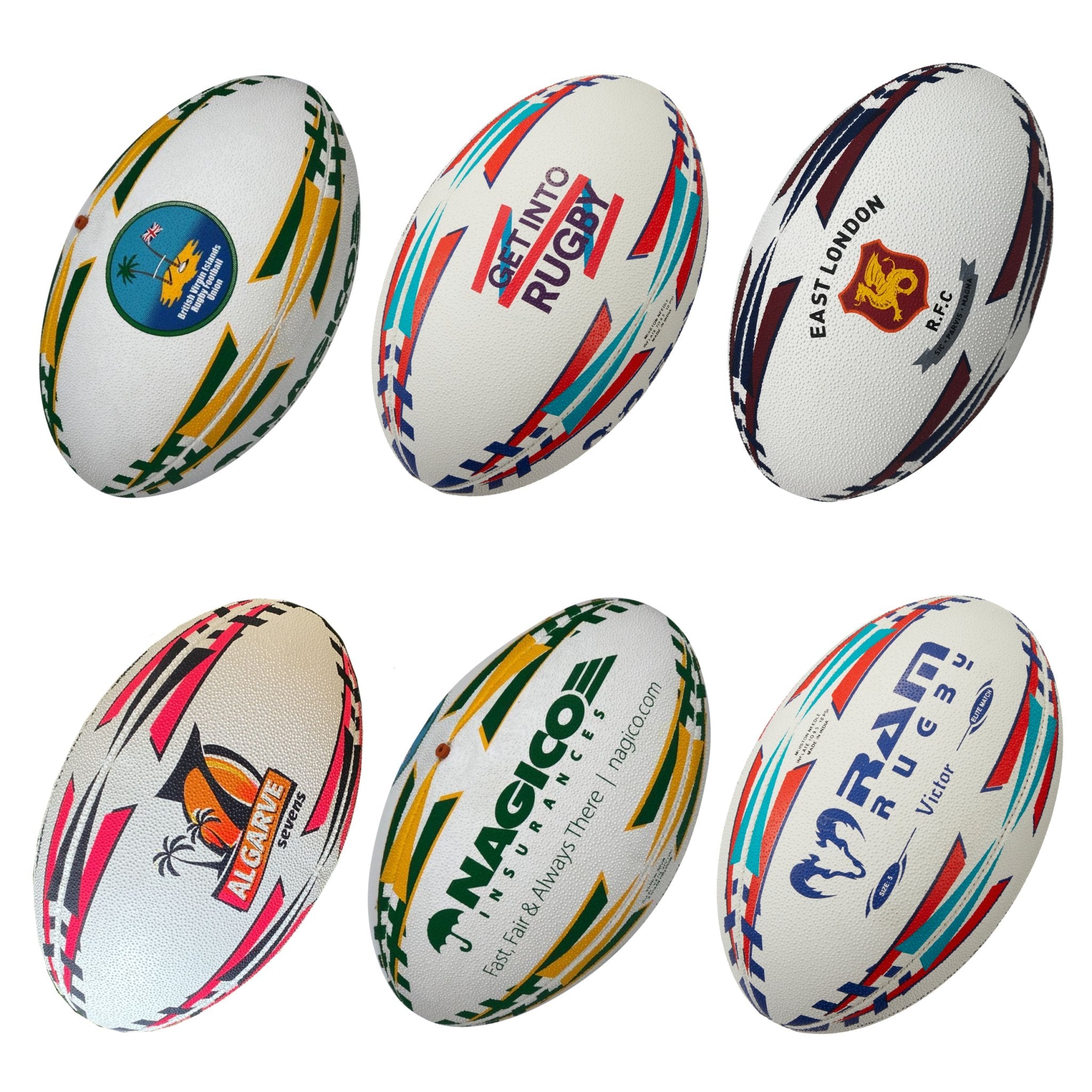 Ram Rugby custom match and training rugby balls with branded ball bags in blue and white for team sponsorships.