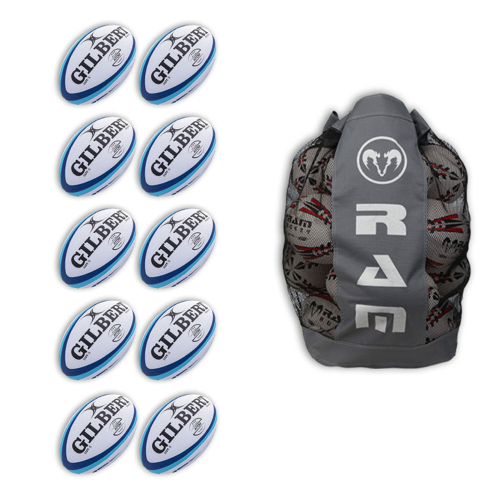 Gilbert Atom 10 pack rugby match balls with branded breathable bag, durable size 5 balls ideal for training and matches