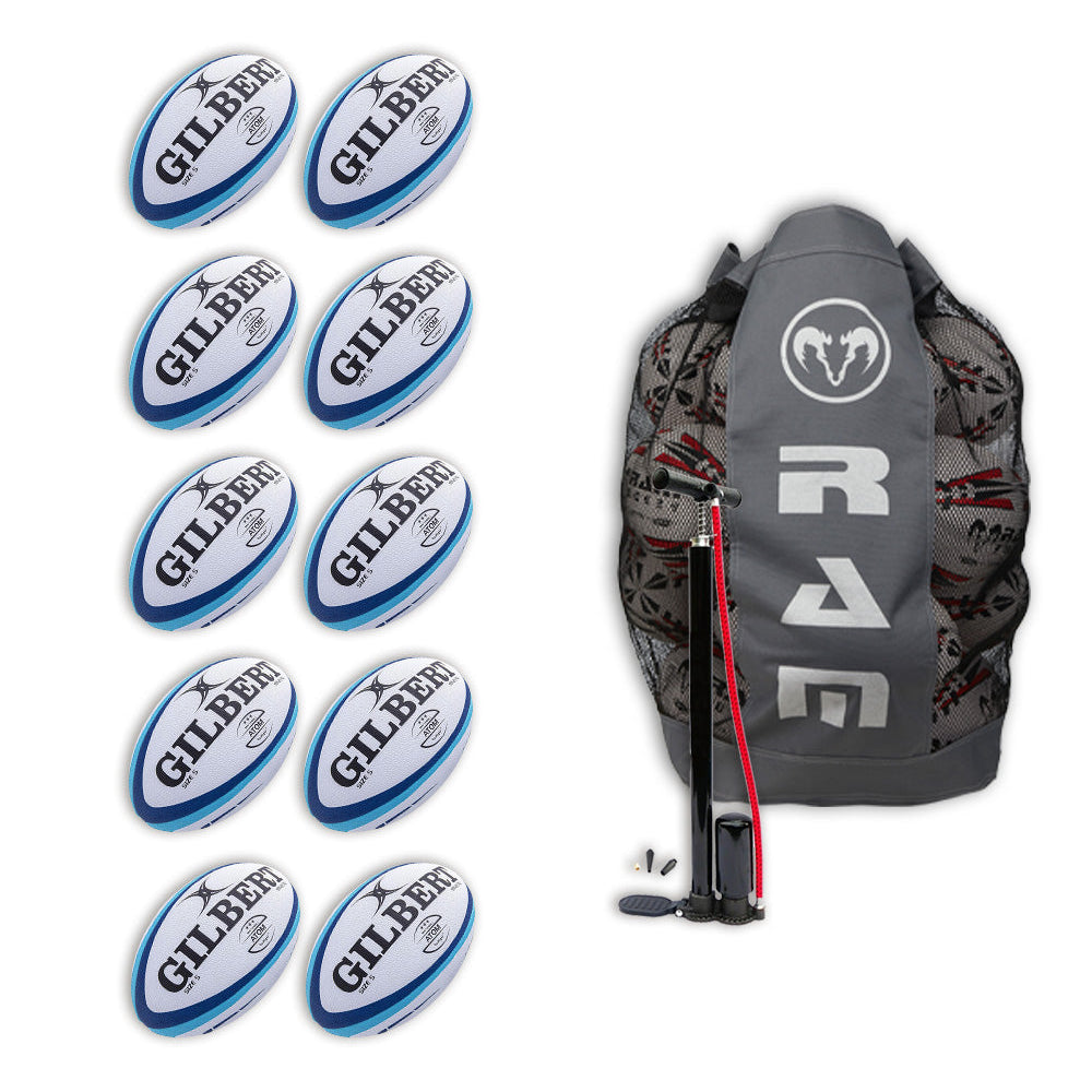 Ten Gilbert Atom match rugby balls in bright white and green, bundled with a black breathable storage bag for easy transport