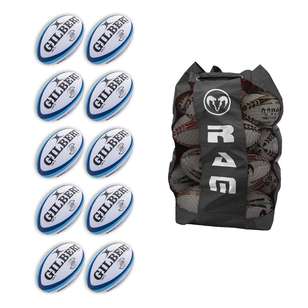 Ten Gilbert Atom match rugby balls stacked beside a black breathable bag designed to hold up to 16 size 5 balls