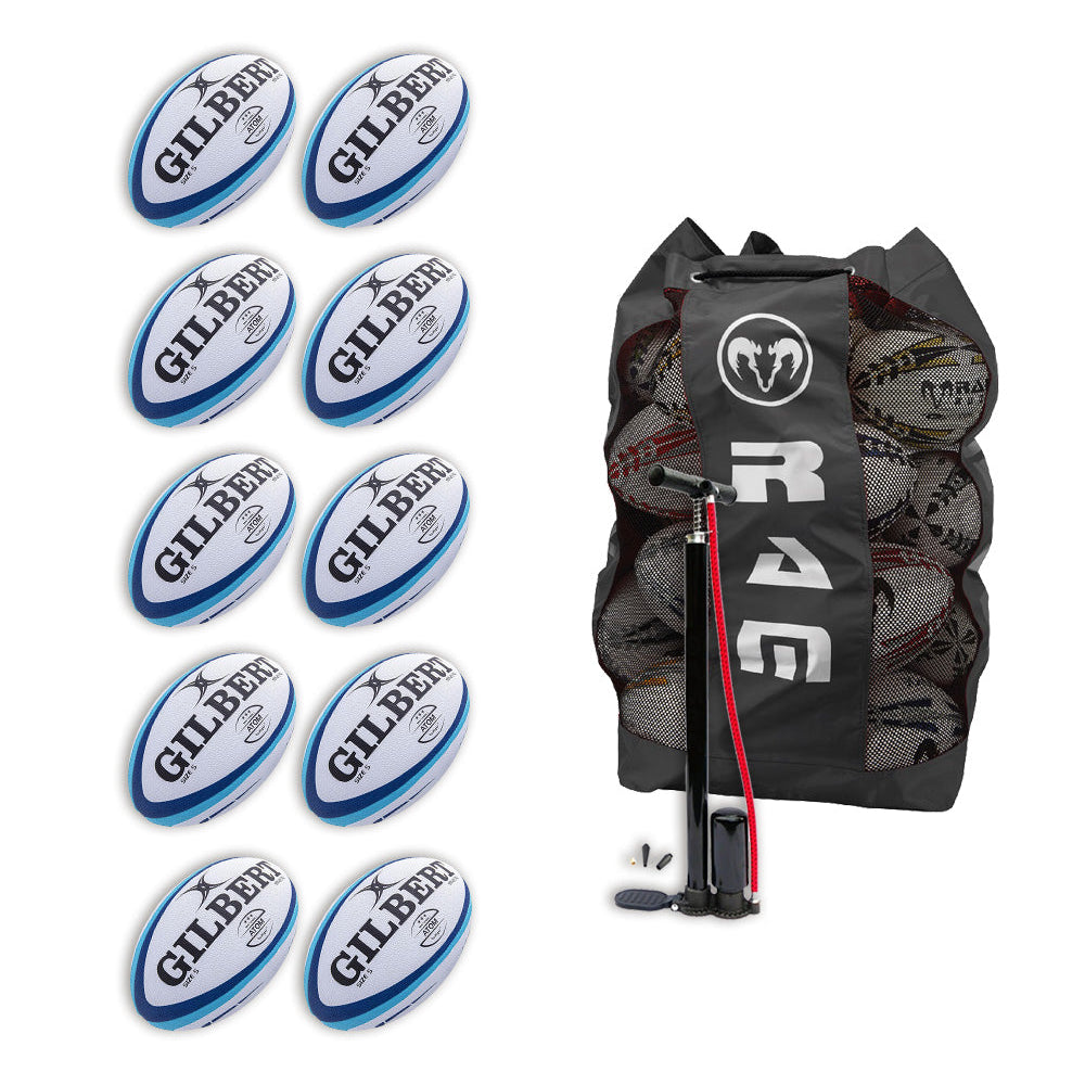 Ten Gilbert Atom size 5 match rugby balls neatly stacked inside a black breathable bag designed for secure storage and transport.