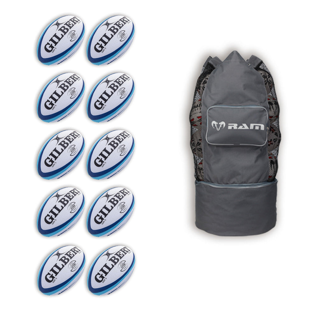 Set of 10 Gilbert Atom match rugby balls in white with red and black accents, bundled with a breathable size 5 ball bag
