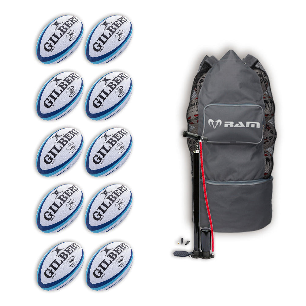 Gilbert Atom Match Rugby Ball Bundle with 10 size 5 white rugby balls and a black breathable carry bag for easy transport