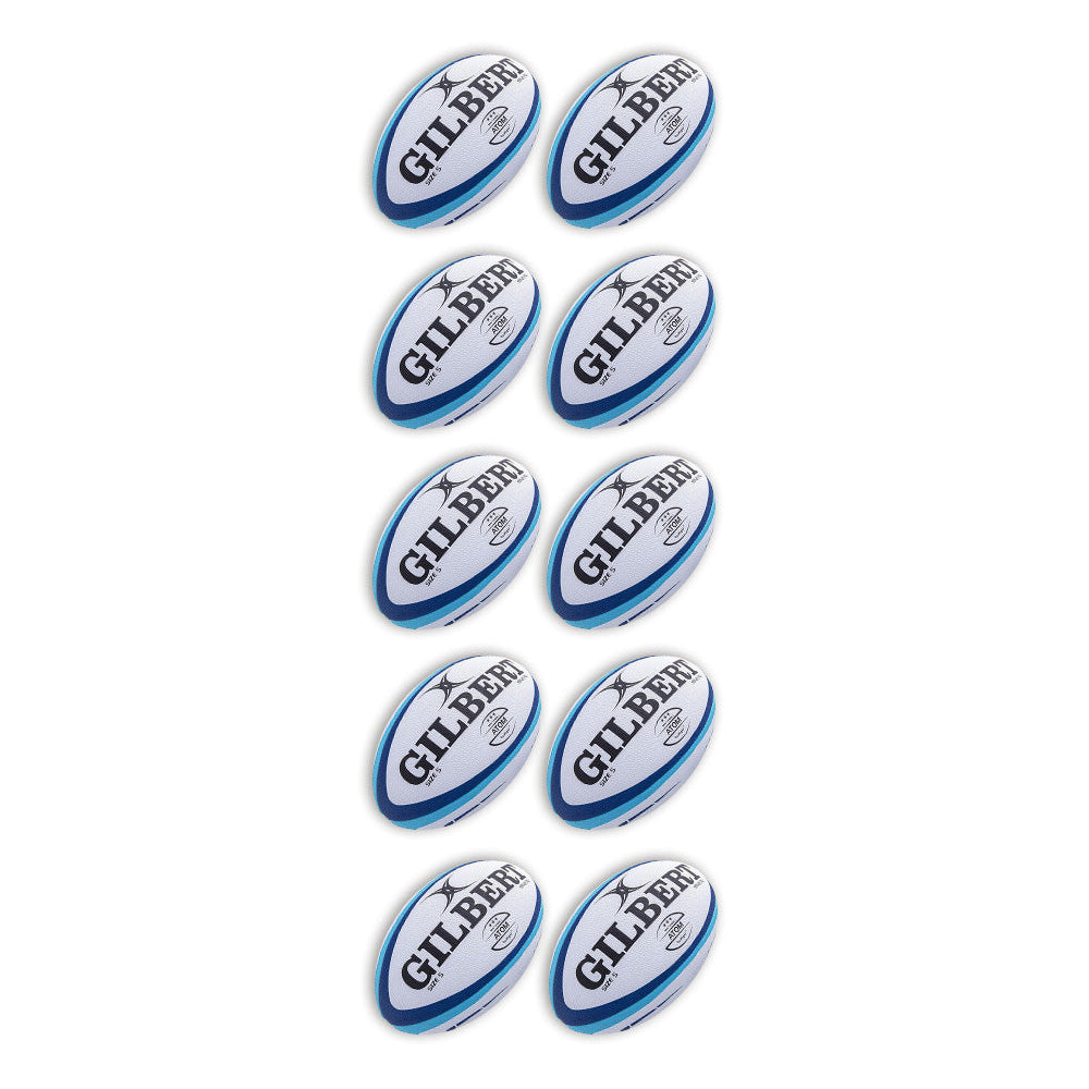Set of 10 Gilbert Atom match rugby balls in white with black and orange accents, bundled with a breathable black ball bag