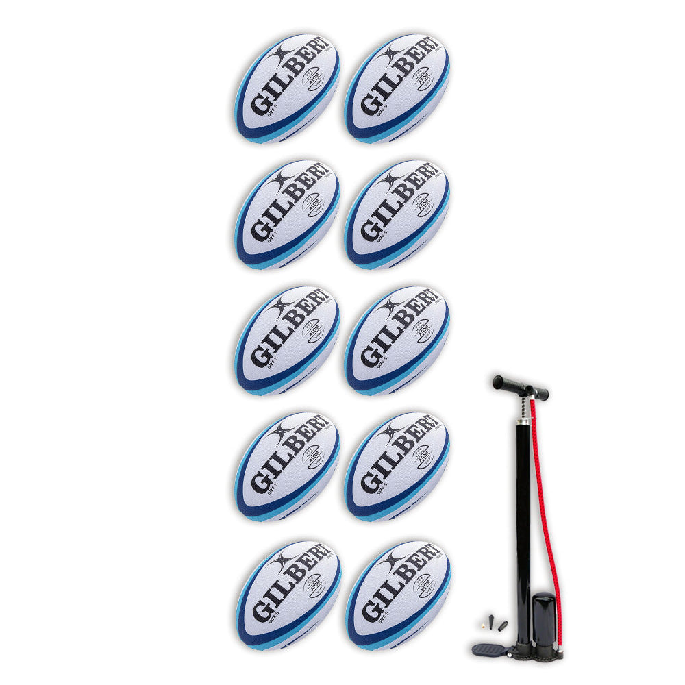 Gilbert Atom 10 pack match rugby balls in white with red and black detailing, displayed with breathable carrying bag for storage
