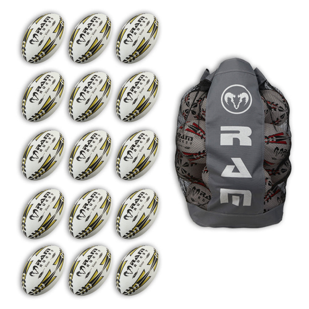Stack of 15 gold Ram Rugby Victor 2.0 Elite Match Balls size 5 alongside breathable black bag for ball storage and transport