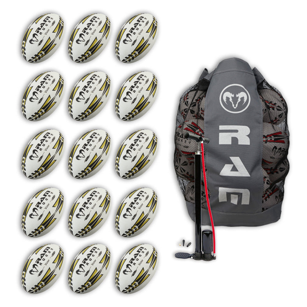 Ram Rugby Victor 2.0 Elite Match Ball Bundle showing all 15 gold size 5 rugby balls neatly arranged with breathable bag