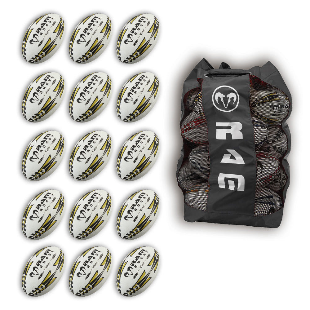 Stack of 15 gold Ram Rugby Victor 2.0 Elite size 5 match balls displayed with breathable storage bag for rugby training