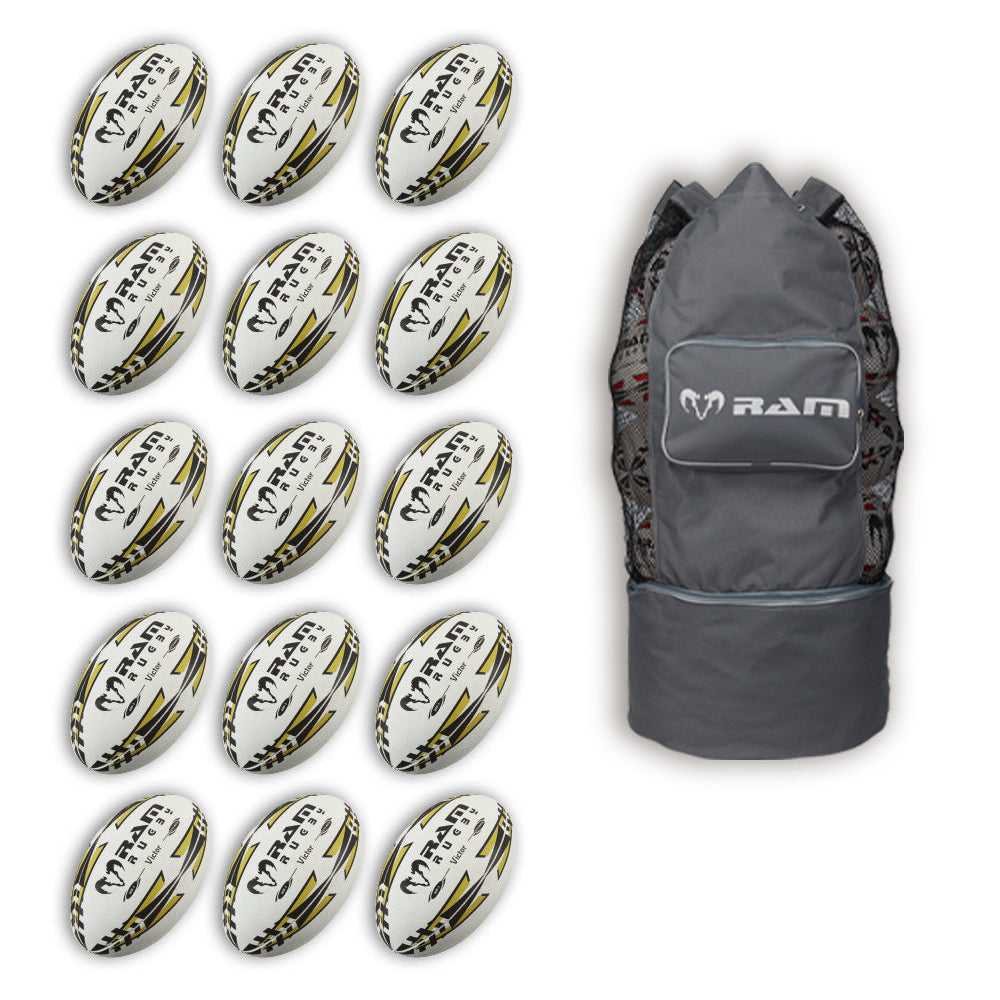 Stack of 15 gold Ram Rugby Victor 2.0 Elite Match Size 5 balls neatly arranged with breathable storage bag for transport