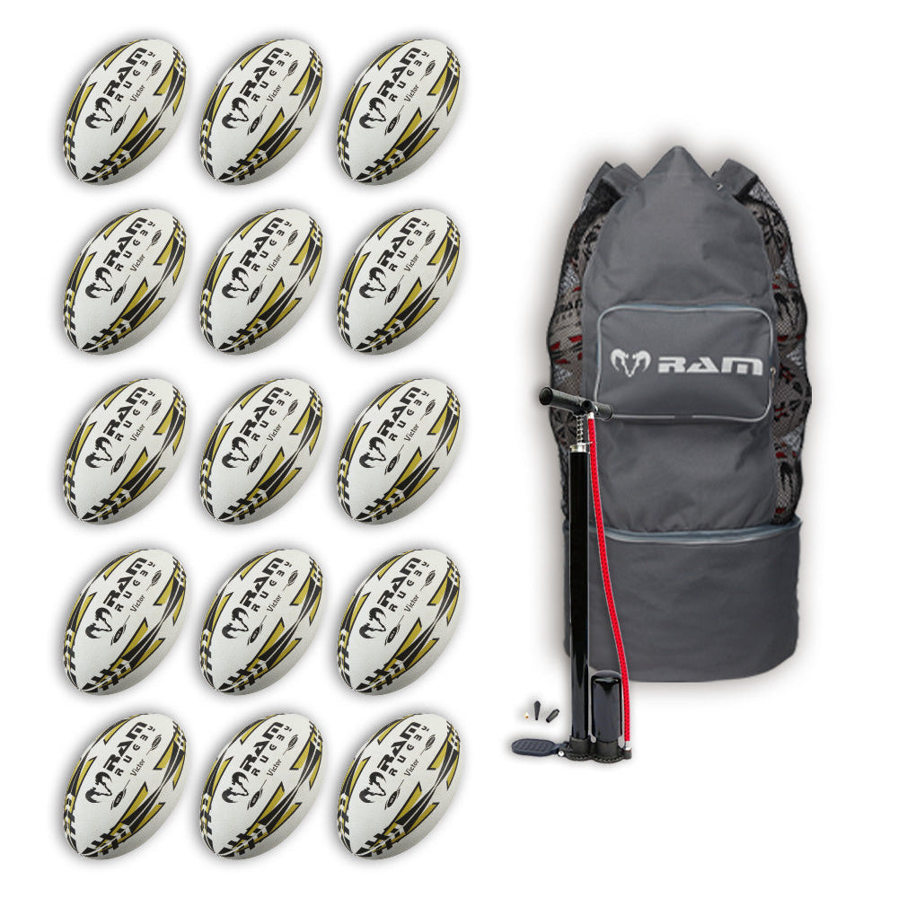 Stack of 15 gold Ram Rugby Victor 2.0 Elite size 5 match balls with breathable storage bag for rugby training and games