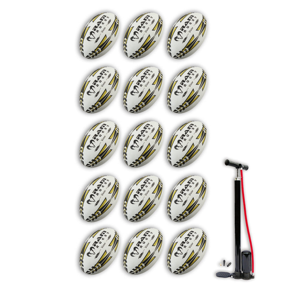 Stack of 15 gold Ram Rugby Victor 2.0 Elite size 5 match balls neatly arranged for rugby training and matches bundle