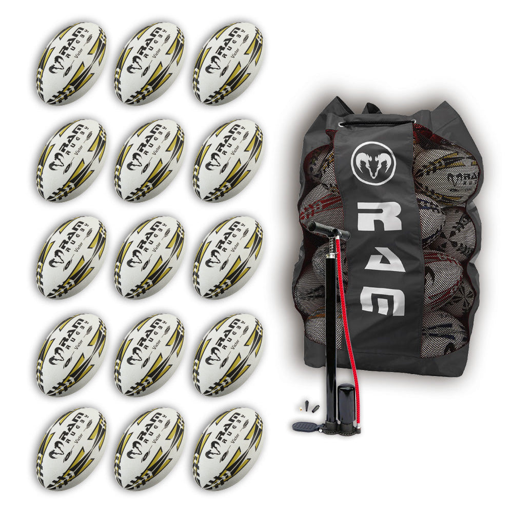 Fifteen gold Ram Rugby Victor 2.0 Elite Match Balls size 5 inside breathable black bag for team rugby training storage