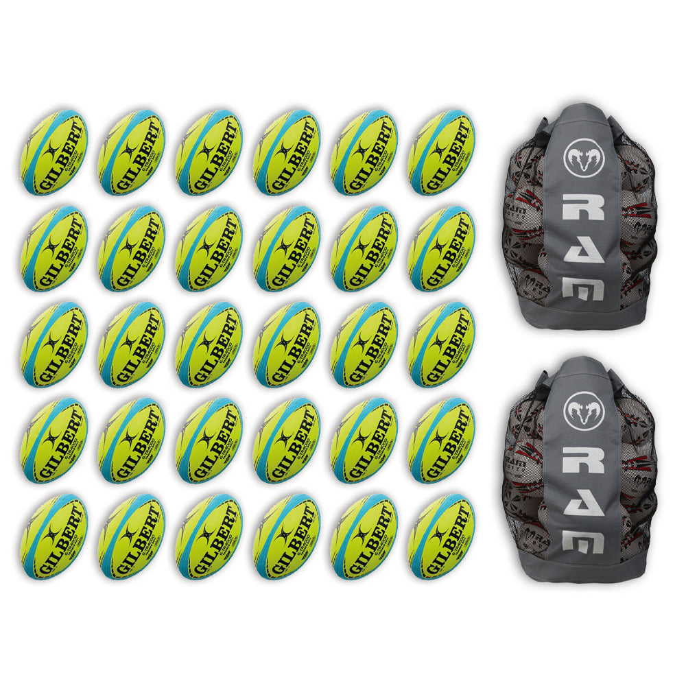 Thirty Gilbert G-TR4000 size 5 trainer rugby balls stacked with two large breathable ball bags for sports team storage