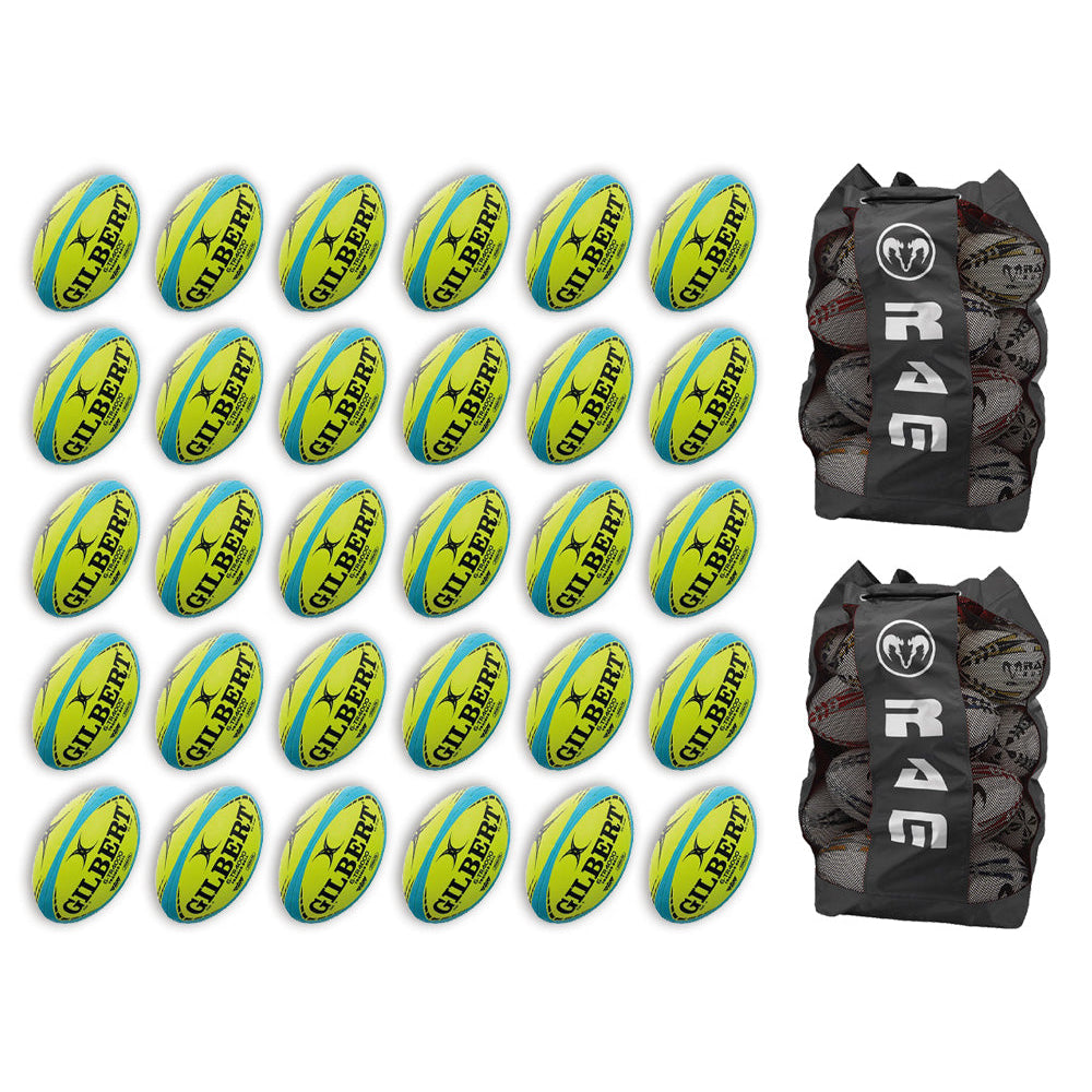 Thirty Gilbert G-TR4000 size 5 trainer rugby balls stacked with two large breathable Gilbert ball bags for storage and transport