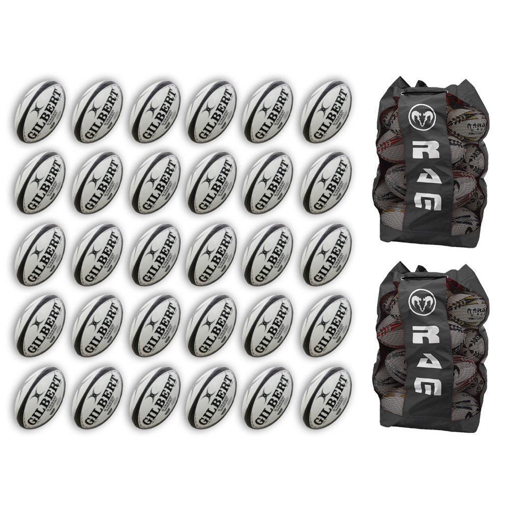 Stacked Gilbert G-TR4000 trainer rugby balls with two large breathable bags, perfect for size 5 ball storage and training use