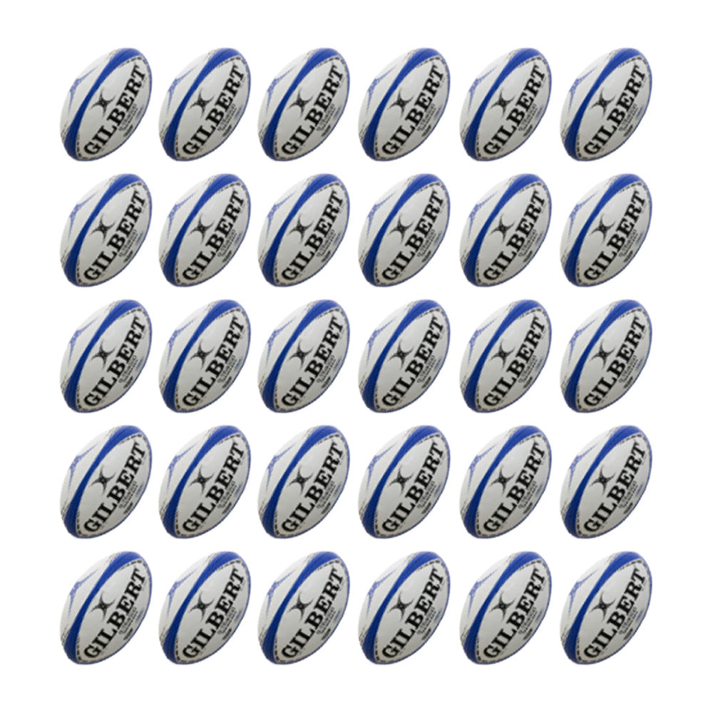 Thirty Gilbert G-TR4000 size 5 trainer rugby balls stacked with two large breathable bags for ball storage and transport