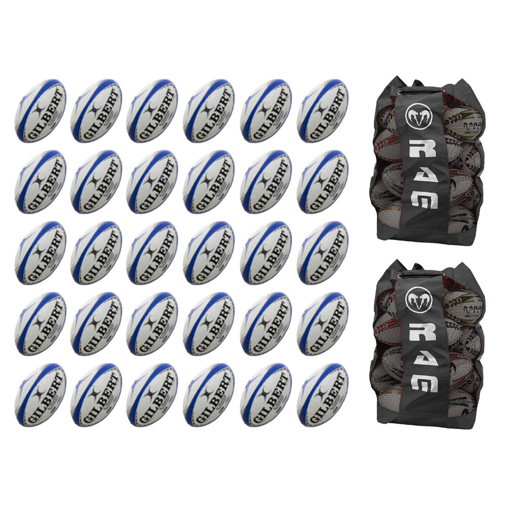 Thirty Gilbert G-TR4000 trainer rugby balls stacked with two large breathable bags designed for storing size 5 balls