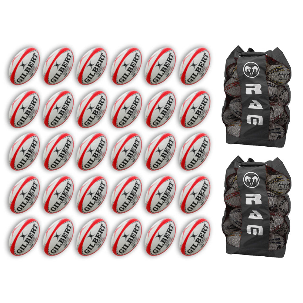Stack of 30 Gilbert G-TR4000 trainer rugby balls with two large breathable bags designed for size 5 balls storage