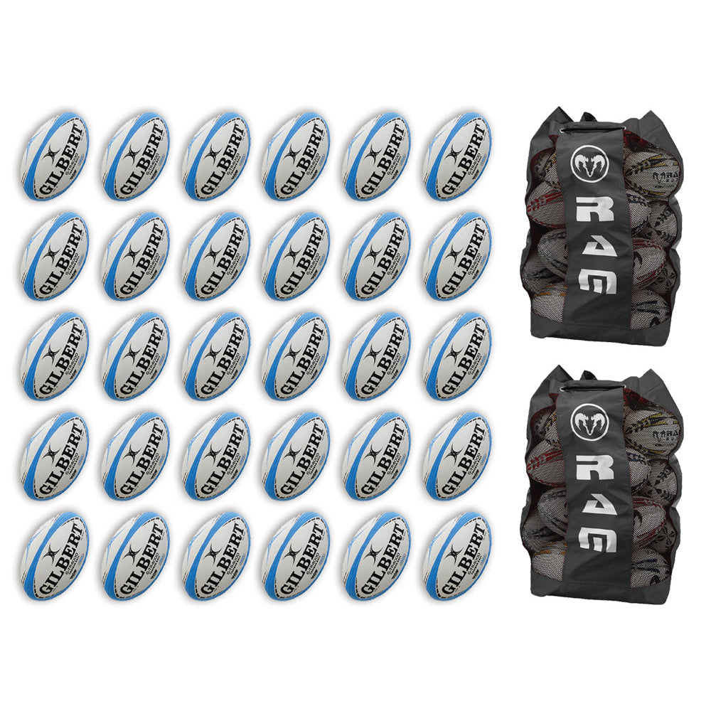 Thirty Gilbert G-TR4000 trainer size 5 rugby balls stacked beside two large breathable black ball bags for team use
