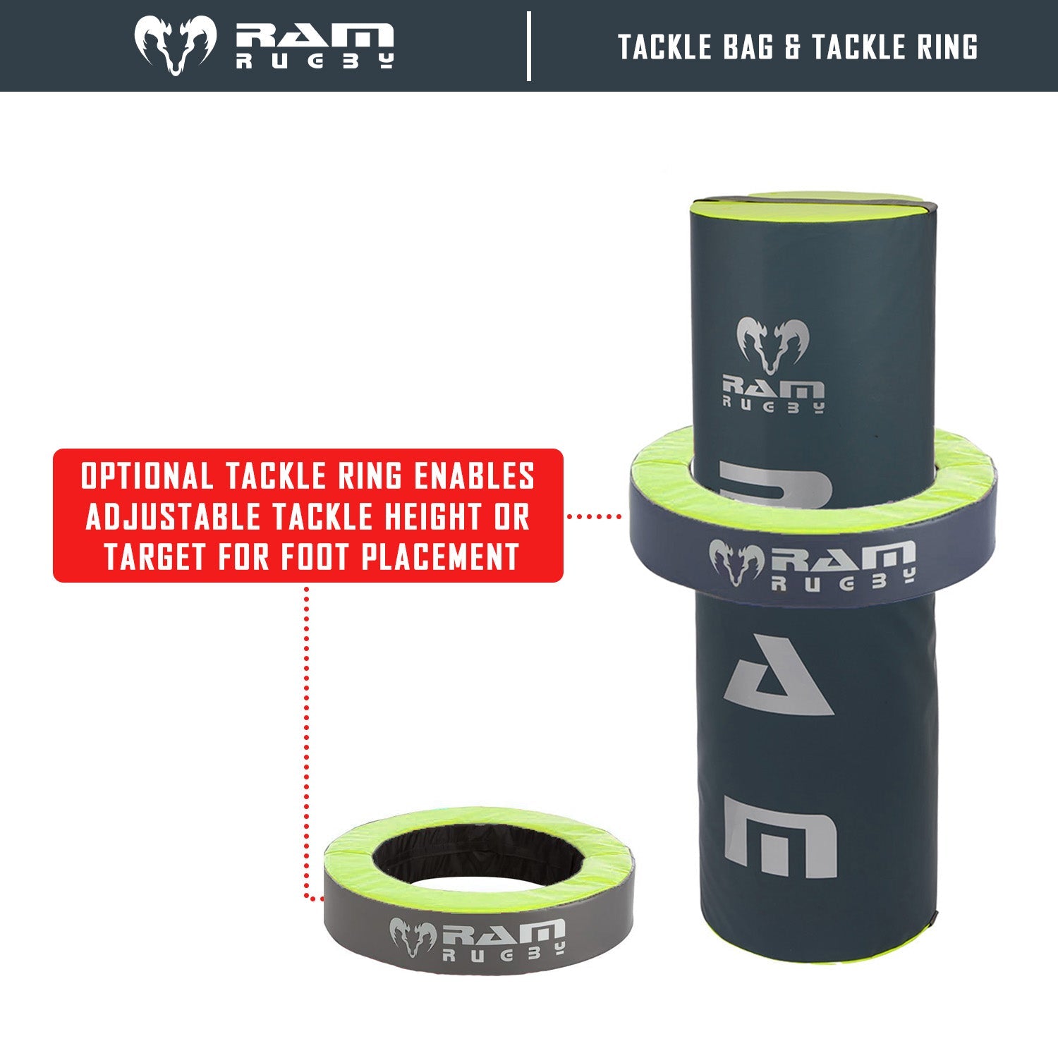 Ram Rugby high-density foam tackle bag in blue with red accents, durable PVC skin, ideal for rugby training drills.