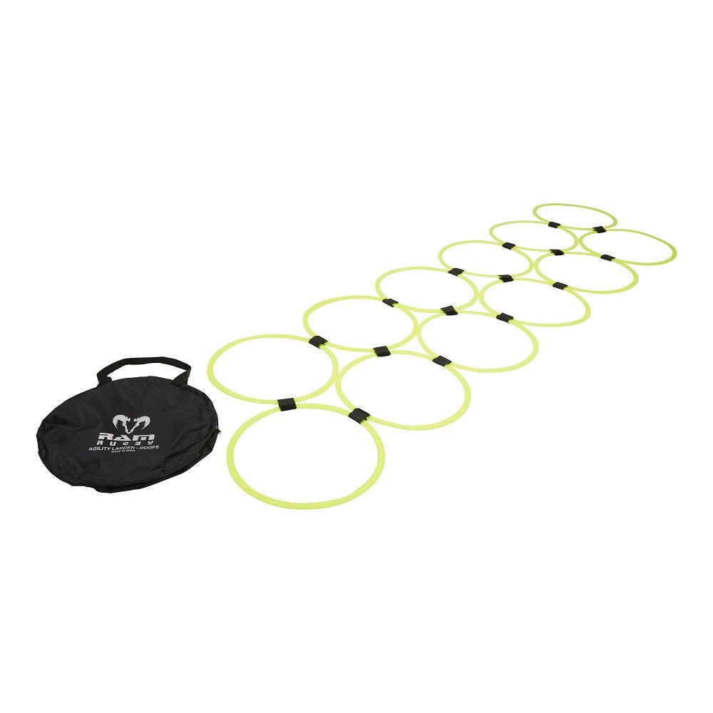 Ram Rugby Speed Agility Ladder with 12 plastic hoops and Velcro, designed for football and rugby speed training.