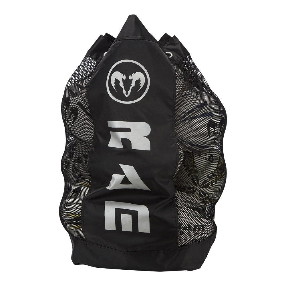 Ram Rugby breathable backpack ball bag in black with mesh panels, drainage holes, and padded shoulder straps for comfort
