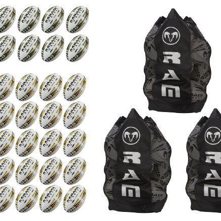Ram Rugby custom rugby ball bundle with 12 match balls, 25 training balls, and 3 breathable backpack bags for teams