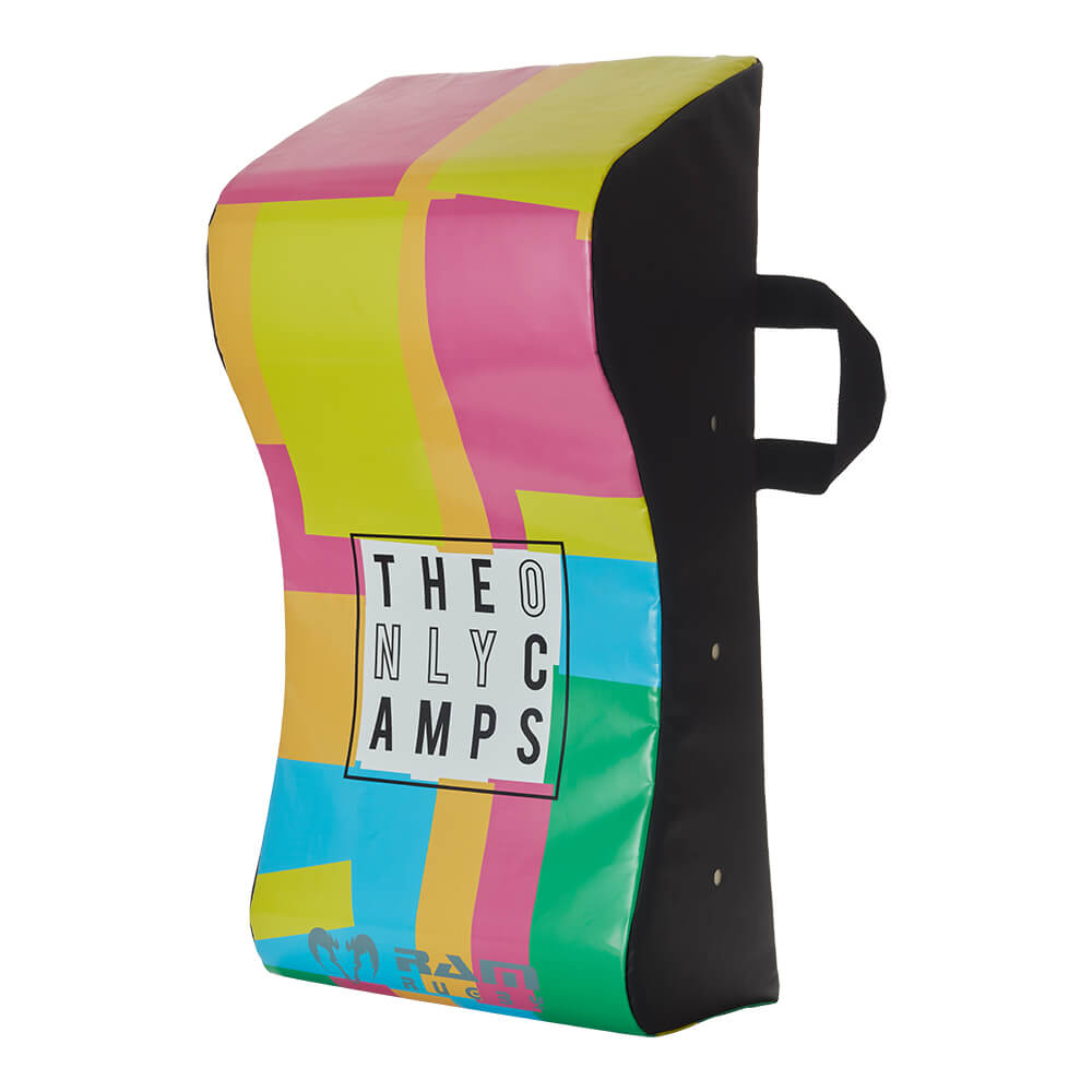 Ram Rugby custom hit shield in black and red with team logos, designed for rugby training and impact protection.