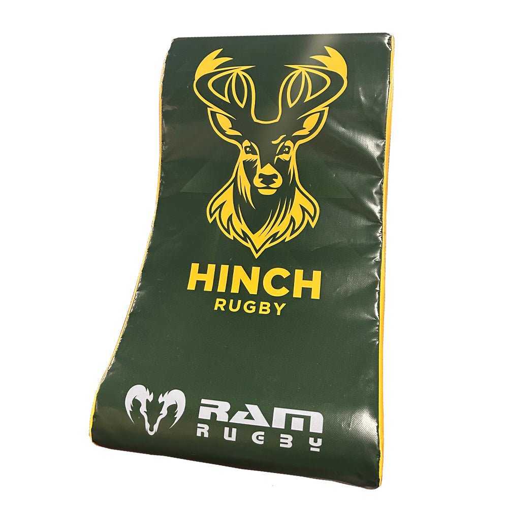 Ram Rugby custom hit shield in blue and black with multiple logos, designed for rugby training and impact protection.