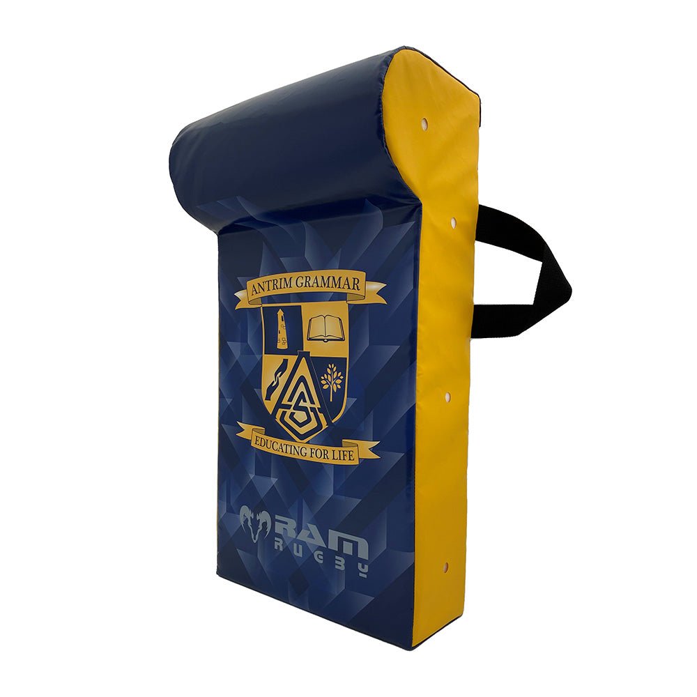 Ram Rugby custom hit shield in black and red with multiple logos, designed for rugby training and impact protection.