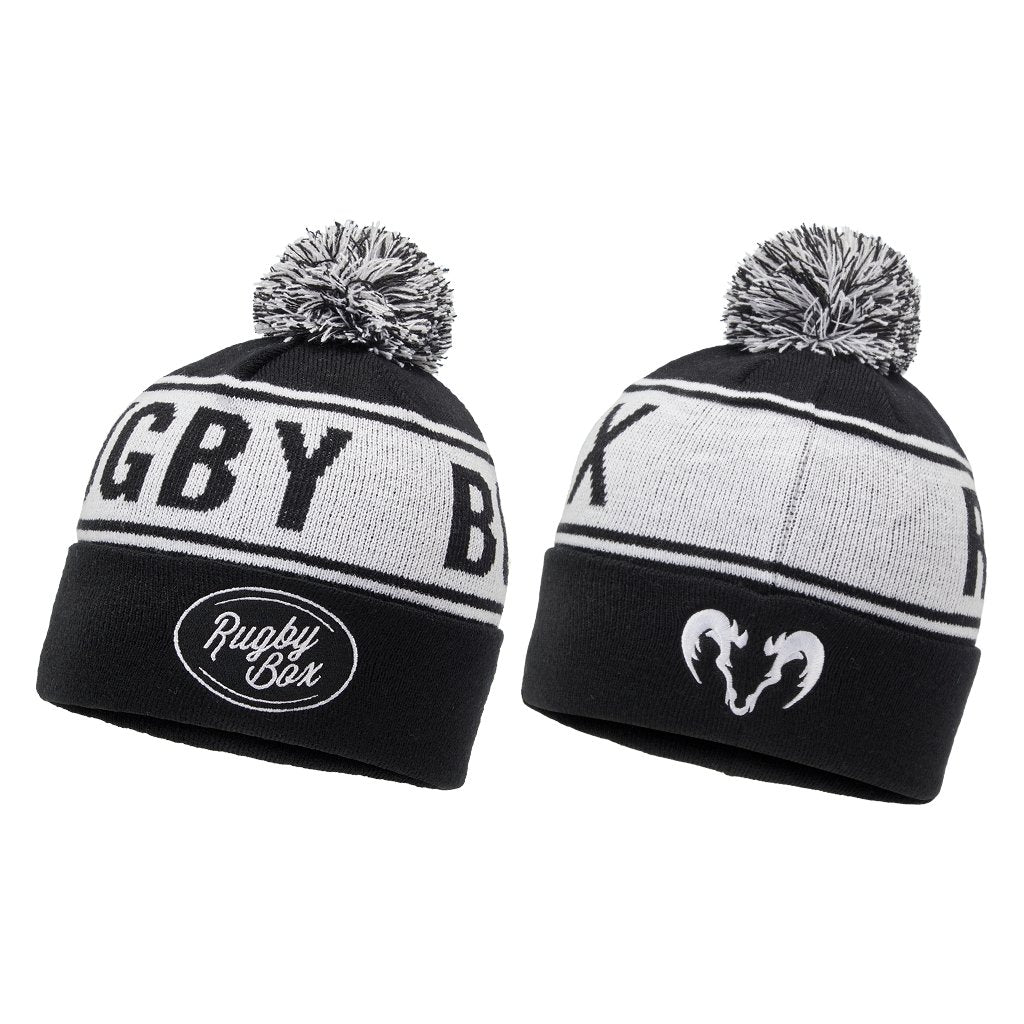 Ram Rugby custom knitted bobble hats in various colors bulk order 50+ with embroidered club or school logo option, acrylic material