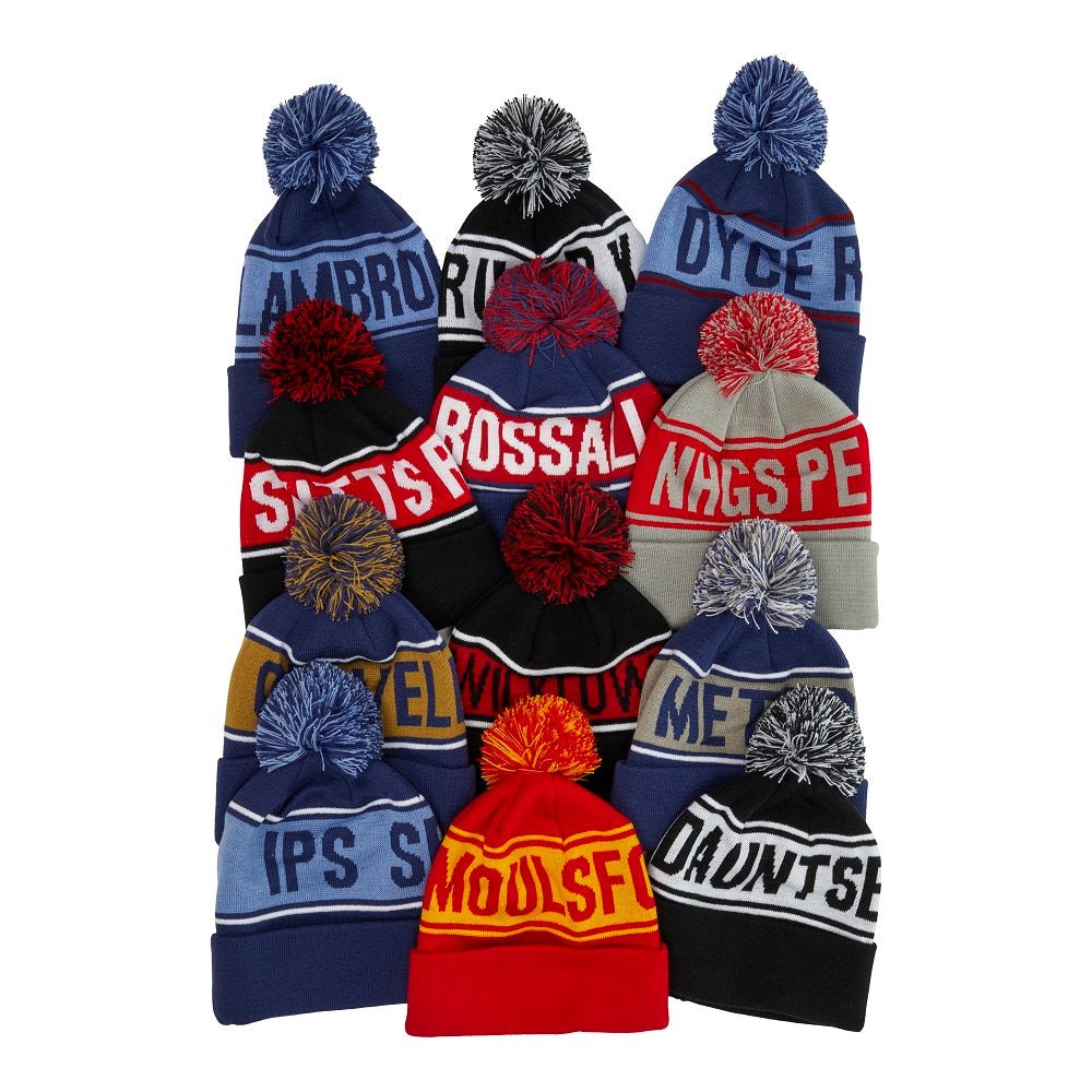 Ram Rugby custom knitted bobble hats in bulk, 50+ medium or large acrylic beanies with logo and club name options