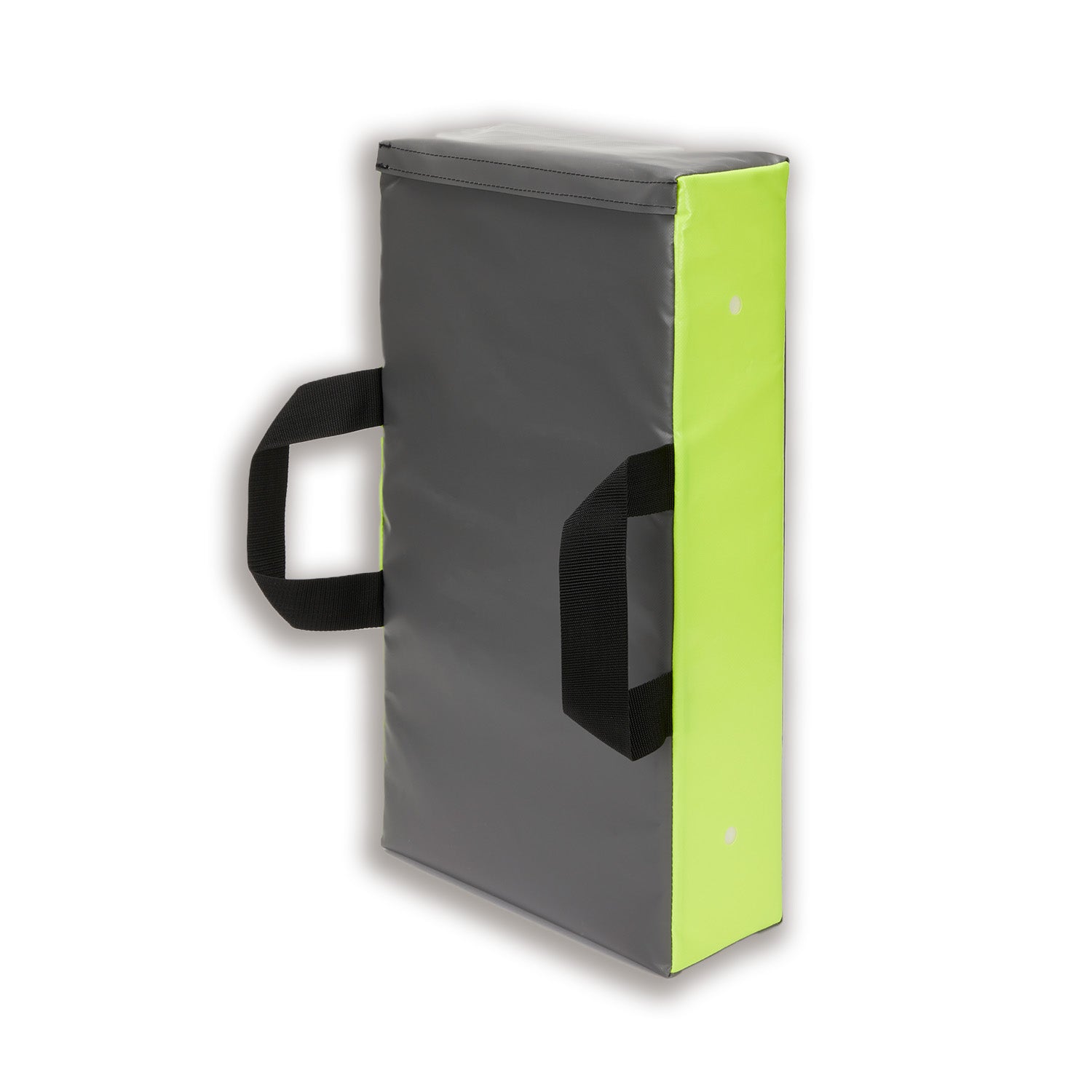 Ram Rugby Neon Yellow Grey Flat Hit Shield showing durable PVC surface and ergonomic straps for rugby training impact absorption