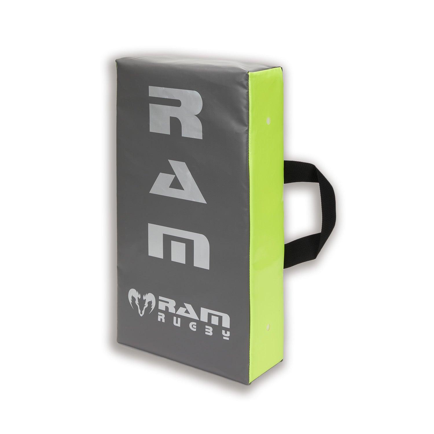 Ram Rugby Neon Yellow Grey Flat Hit Shield with durable PVC cover and high-density foam for rugby training impact absorption
