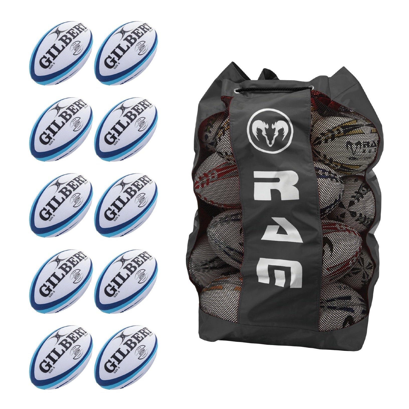 Ten Gilbert Atom size 5 match rugby balls bundled with a durable breathable bag for easy storage and transport