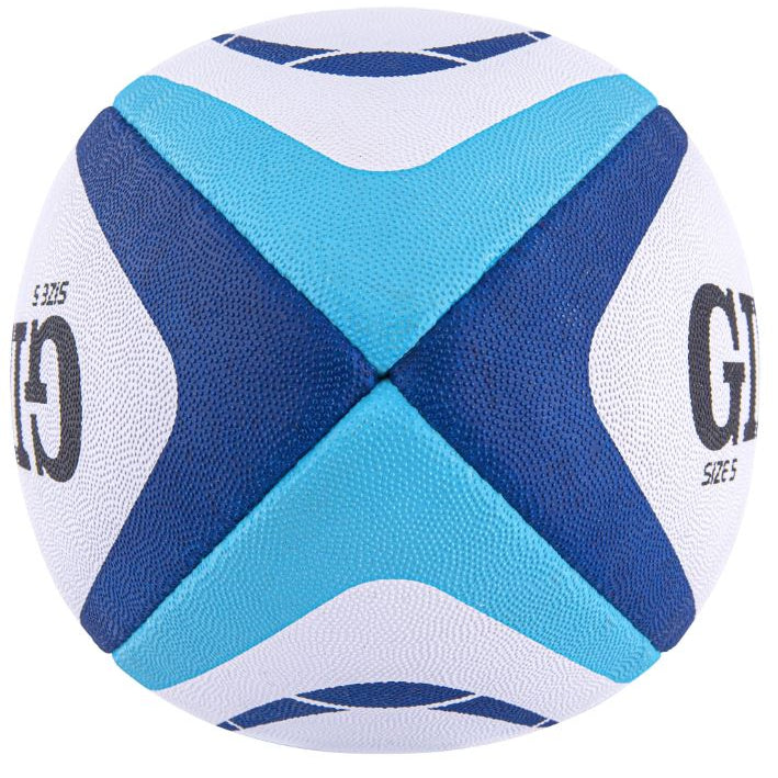 Ten Gilbert Atom size 5 match rugby balls arranged with the black breathable Gilbert ball bag on a white background