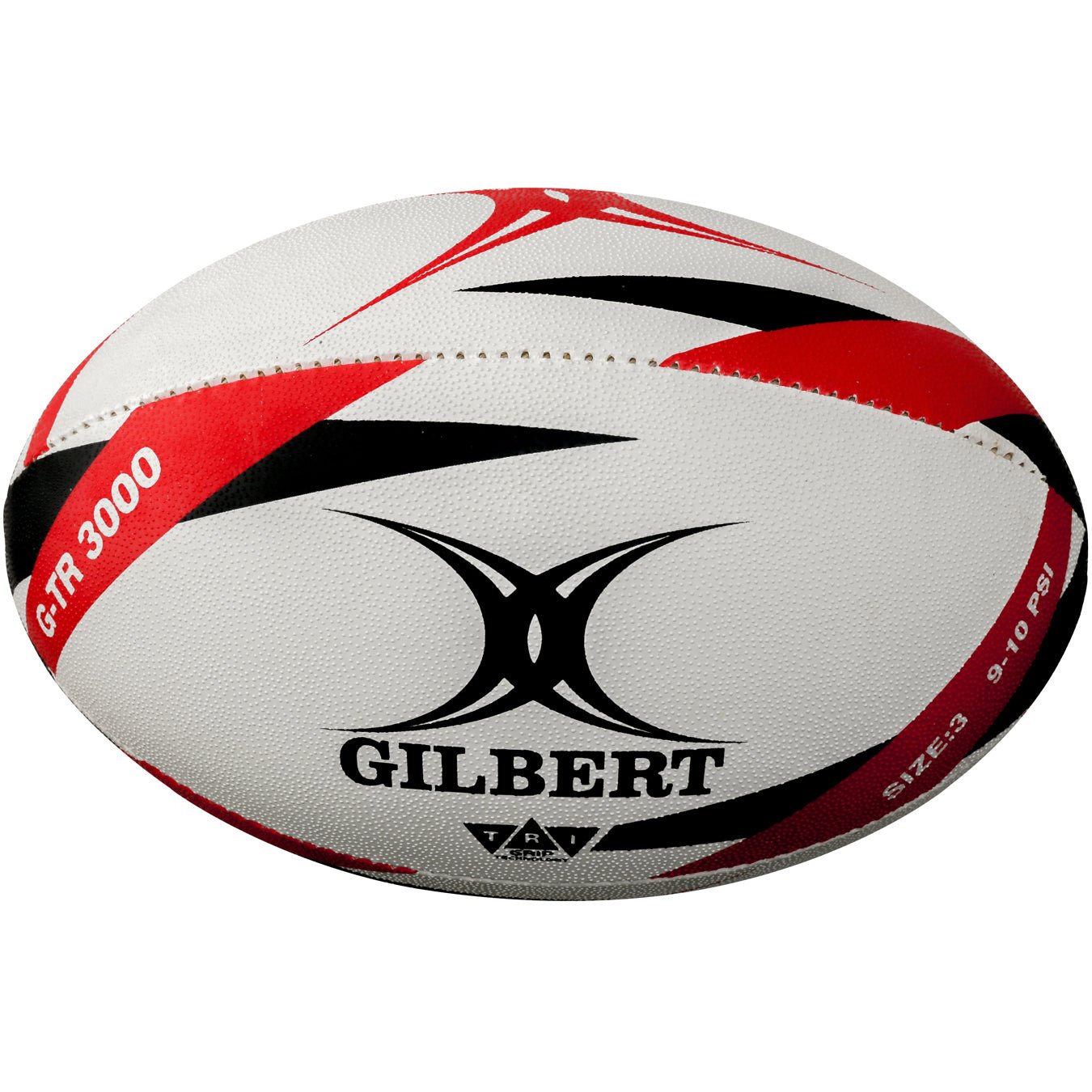 Gilbert G-TR3000 Size 3 red rugby training ball with durable rubber surface and Hydratec technology for practice sessions