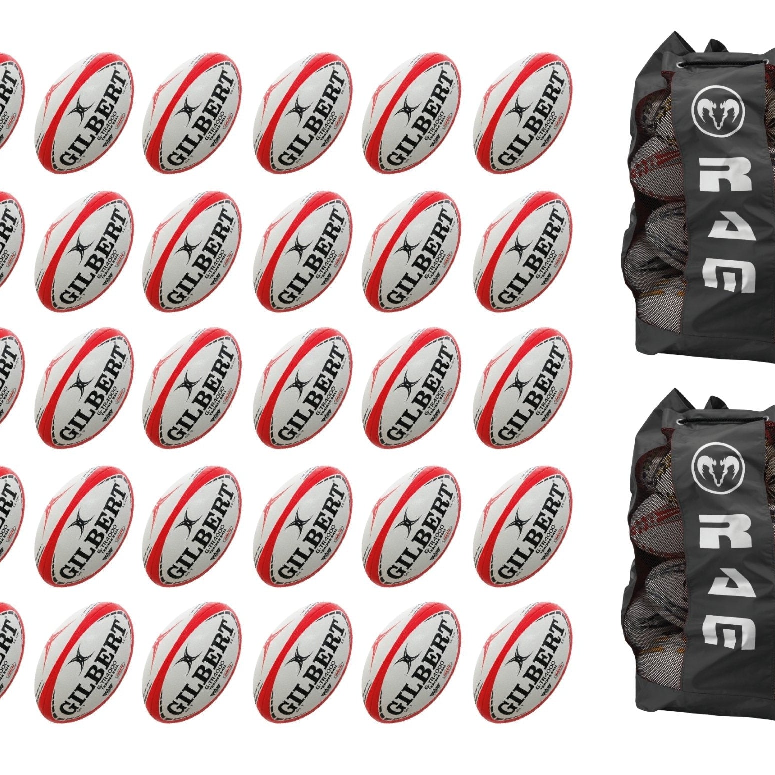 Stack of 30 Gilbert G-TR4000 size 5 trainer rugby balls with 2 large breathable ball bags for sports training storage