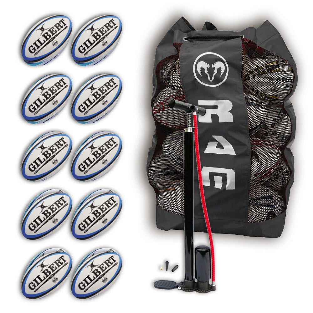 Set of 10 blue Gilbert Omega match rugby balls with breathable carry bag, ideal for training and official games, size 5