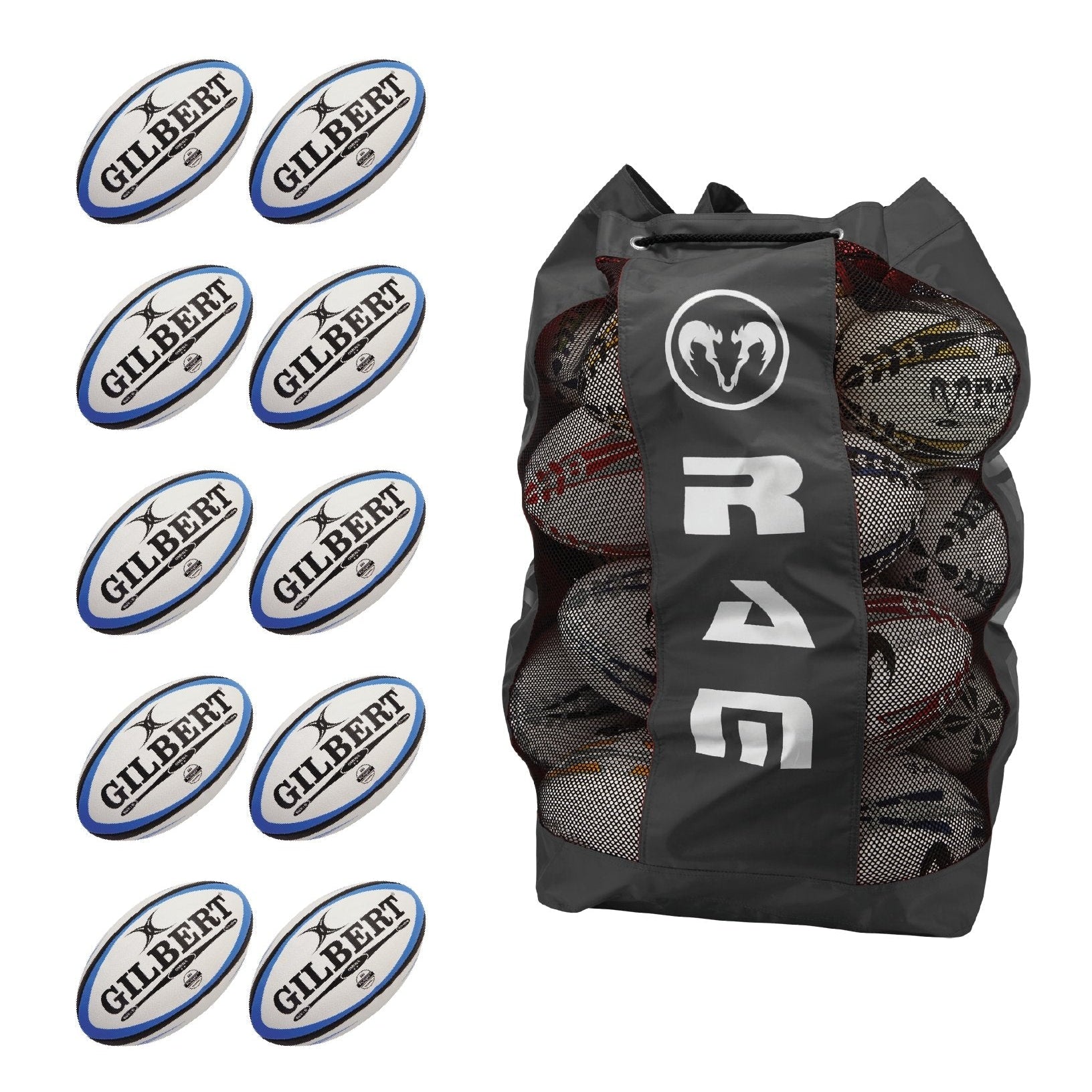 Ten Gilbert Omega Blue match rugby balls neatly stacked with a breathable bag for training and match play storage