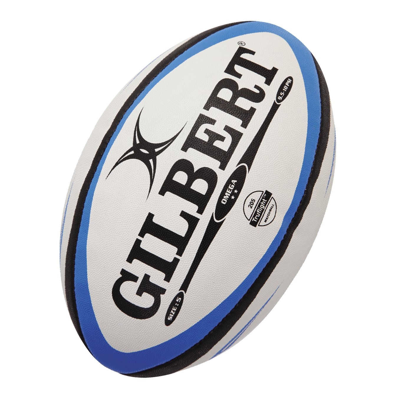 Gilbert Omega Match Rugby Ball in white and black, hand-stitched durable design, size 3 with 3-ply polycotton laminate