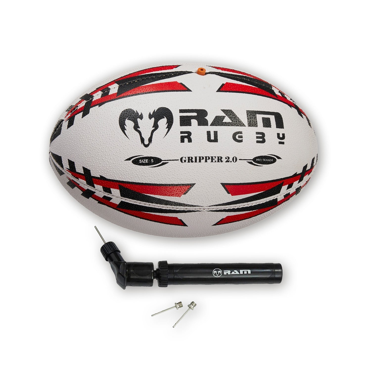 Ram Rugby Gripper 2.0 Pro Trainer Ball in white with 3D grip texture, durable polycotton rubber laminate for junior rugby training