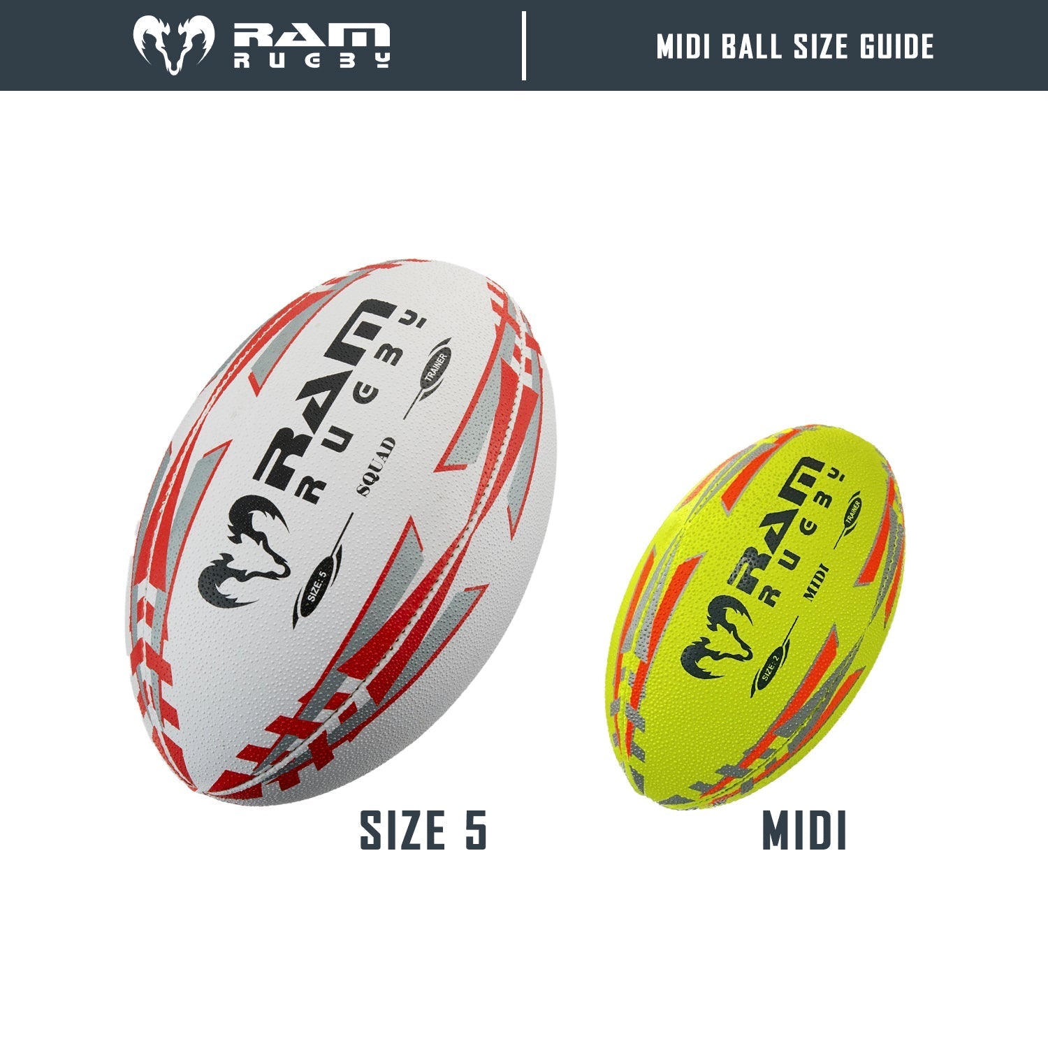 Ram Rugby Midi Size 2 neon yellow rugby ball 22cm designed for kids ages 3-4, lightweight and air-filled fun ball
