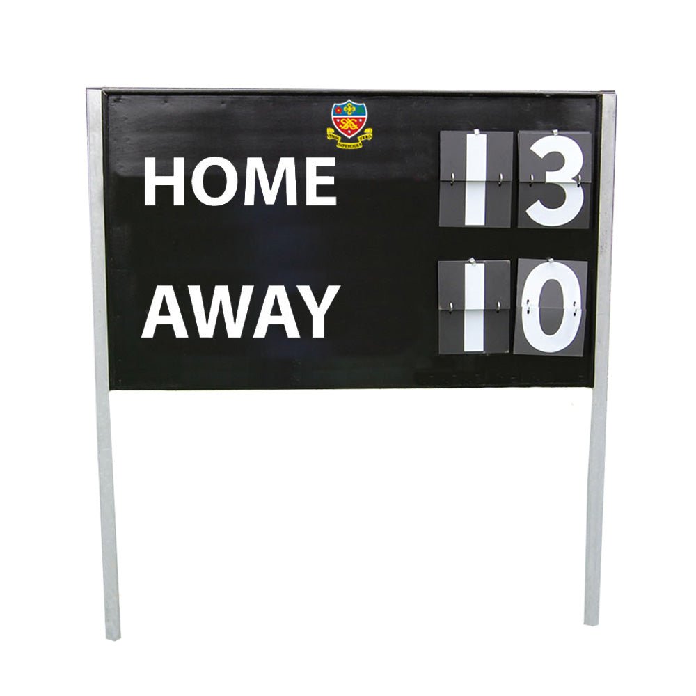 Ram Rugby Premier Scoreboard close-up showing durable timber frame with flip numbers in classic black and white design